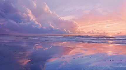 A secluded beach at dawn, where the first light of day paints the sky in soft pastel hues,...