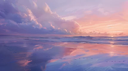 Rugzak A secluded beach at dawn, where the first light of day paints the sky in soft pastel hues, reflected in the tranquil waters of the sea. © Sardar