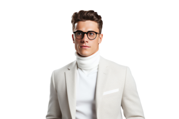 Young man wearing designer clothes Elegant, modern atmosphere. Isolated on white background.