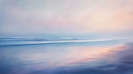 A secluded beach at dawn, where the first light of day paints the sky in soft pastel hues,...