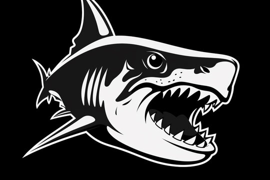Black and white vector-style face of a shark isolated on a solid background.