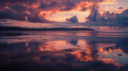 A secluded beach at dusk, where the fading light of day sets the sky ablaze with hues of orange and pink, reflected in the calm waters. - obrazy, fototapety, plakaty