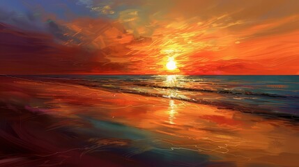 A secluded beach at dusk, where the sky is ablaze with fiery hues of orange and red, and the...