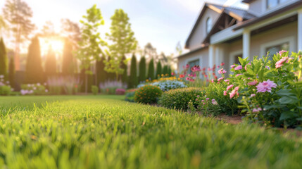 Beautiful manicured lawn and flowerbed with shrubs in sunshine residential house backyard background - 780369799