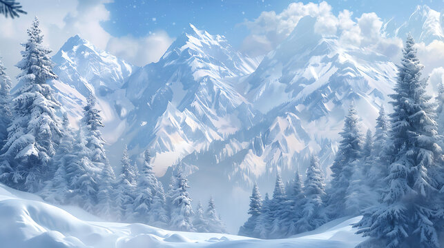 snowy landscape with trees and mountains in the background. AI generated