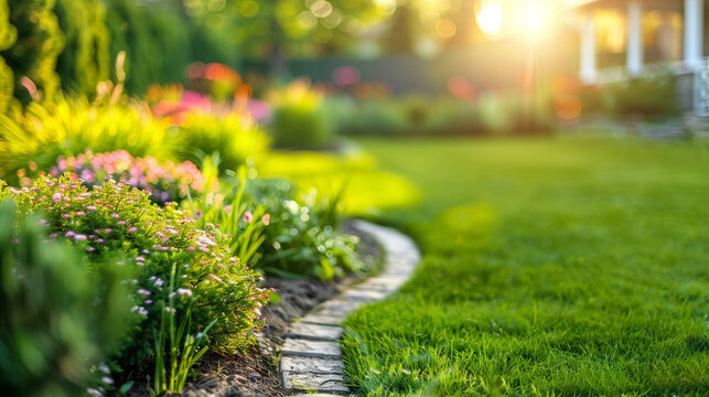 Beautiful manicured lawn and flowerbed with shrubs in sunshine residential house backyard background