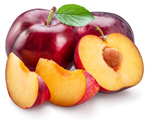 Ripe chinese plums or japanese plums with leaf on white background. Clipping path.