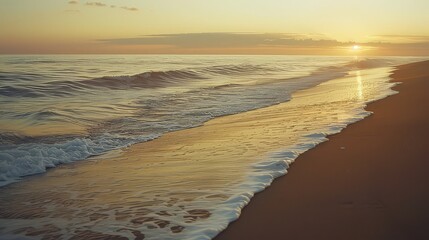 A secluded beach at sunrise, where the horizon is painted in hues of gold and pink, and gentle waves lap against the shore in a rhythmic melody.