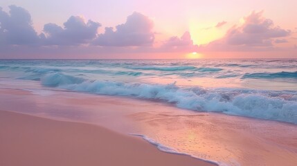 A secluded beach at sunrise, where the horizon is painted in hues of pink and gold, and the gentle waves whisper secrets to the sandy shore. - obrazy, fototapety, plakaty