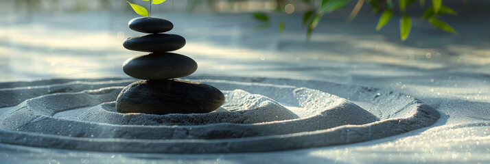 A serene Zen garden with circular raked sand patterns, with  black stones stacked  with small bamboo ,Stacked zen stones sand, spa, calm - obrazy, fototapety, plakaty