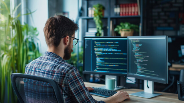 A young programmer writes program code while sitting on a modern computer. Concept of technology, freelancing.
