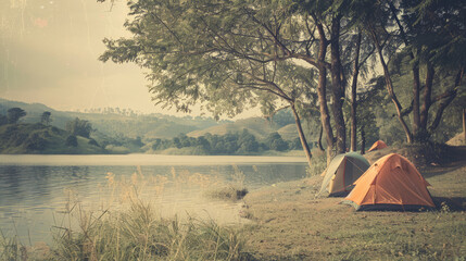 Camping tents near lake, film camera style travel landscape, peaceful vintage photograph