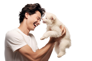 Young man playing with pet Warm, cute atmosphere,Isolated on white background