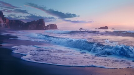 A secluded beach bathed in the soft light of dawn, a sanctuary of peace and tranquility amidst the crashing waves.