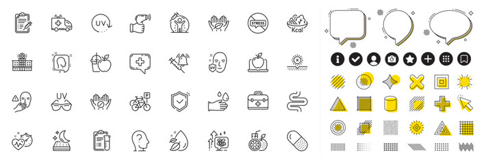 Set of Capsule pill, Vaccine announcement and Ambulance car line icons for web app. Design elements, Social media icons. Bicycle parking, No sun, Uv protection icons. Vector