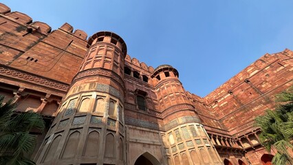 Agra Fort is a Historic red sandstone fort. Agra Fort is a UNESCO World Heritage site in the city of Agra India close up with selective focus and blur