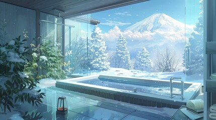 Luxury indoor spa bath with floor-to-ceiling windows providing a stunning view of a snowy mountain landscape. lofi anime cartoon
 - obrazy, fototapety, plakaty