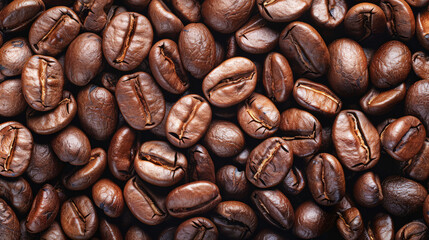 Creative banner panorama wallpaper, seamless pattern texture, top view of brown roasted coffee beans