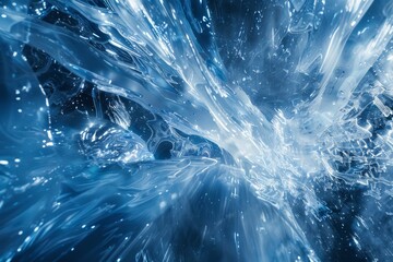 Dynamic abstract blue metallic forms hurtling through the high atmosphere, featuring rapid movement and radial zoom motion blur. - obrazy, fototapety, plakaty