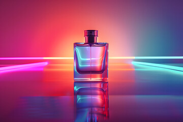 A sleek glass perfume bottle takes center stage against a vibrant neon-colored background - obrazy, fototapety, plakaty