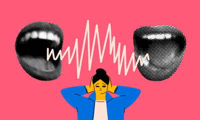 Screaming halftone lips. Woman covering her ears with her hands. Vector illustration of hate on social networks. Psychological pressure. Gossip behind your back. Imposing your opinion