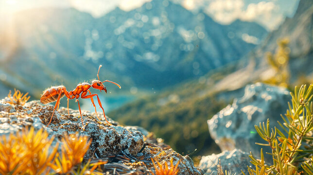 Closeup of a fire ant standing on the peak of a mountain and looking at a beautiful panorama view of a valley