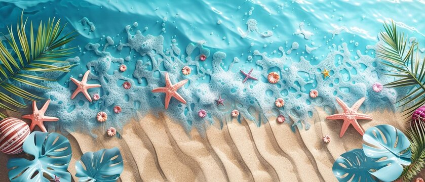 "HELLO SUMMER" vector design for the summertime. With tropical holiday themes and a sandy beach backdrop, this typographic lettering says "hello summer" for an enjoyable outdoor day trip.