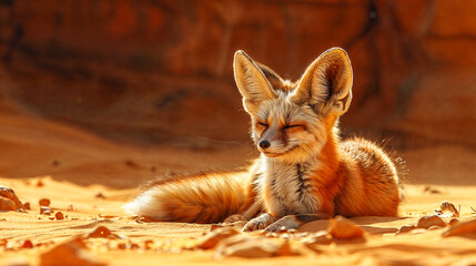 Cute fennec fox lying in the desert and enjoying the sun