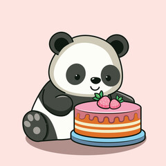 Panda with strawberry cake. Cute cartoon panda bear with tasty strawberry cake illustration. - 780371750