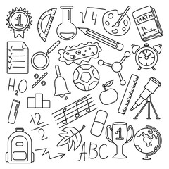 School icons. Hand drawn doodle school background. Education illustration