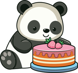Panda with strawberry cake. Cute cartoon panda bear with tasty strawberry cake illustration. - 780371797