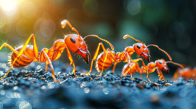 Macro of a group of fire ants standing on the ground