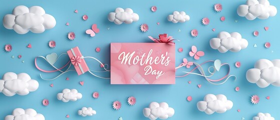 "Mother's Day" postcard with a present box and paper-flying pieces set against a background of blue sky. Heart-shaped vector symbols of love for greeting card designs.