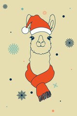 Fototapeta premium Portrait of llama in red hat and scarf. Cute llama wear red christmas hat and scarf illustration.