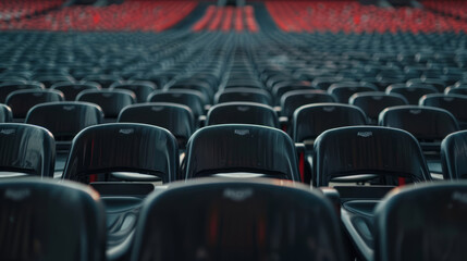 Seats of black tribune on sport stadium. Empty outdoor arena