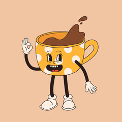 Retro cartoon coffee cup character. Mug mascot in different poses. 60s 70s 80s groovy contour vector illustration. Espresso black coffee cup.