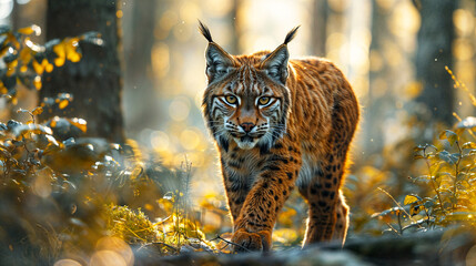 A lynx is waking through a forest