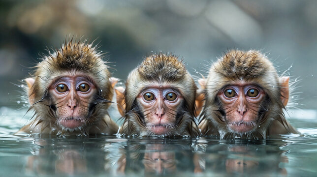 Three japanese macaque monkeys bathing in a pond and looking into the camera