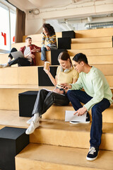 Multicultural group of students sitting atop stairs, engaged in conversation and contemplation