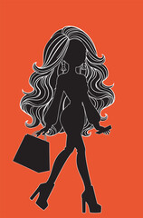 Detailed silhouette of a girl walking with shopping bag, vector art, full body, thick white outlines, long hair. Shopping woman silhouette vector illustration. - 780372513