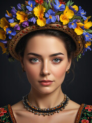 pretty woman wearing a hat with colorful flowers - 780372519