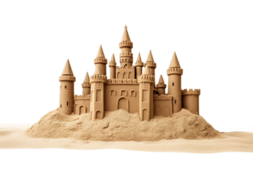 Sand Castle on Sandy Beach. On a White or Clear Surface PNG Transparent Background.