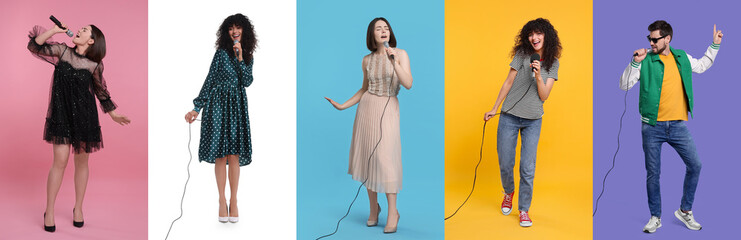 Singers on different color backgrounds, collection of photos