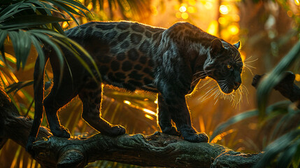A black panther standing on a tree branch in the jungle during sunset - obrazy, fototapety, plakaty