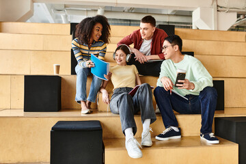 Multicultural students, including an African American girl, sit together on steps, engaging in a lively conversation