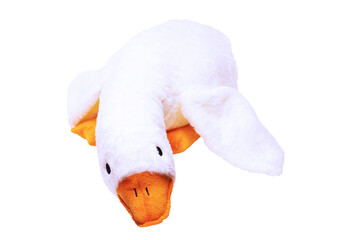 Plush toy duck isolated. Childrens toy stuffed animals. Soft white plush toy ente for kids isolated...