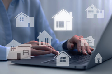 House search. Woman choosing home via laptop at table, closeup. Illustrations of different...