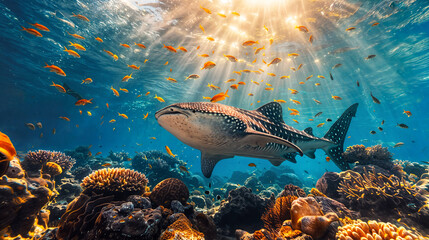 A whale shark is swimming through a coral reef with many fish in the sea