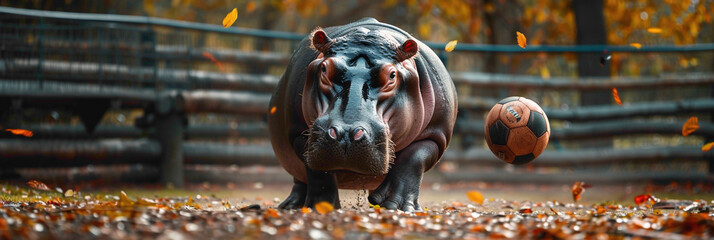 a Hippopotamus playing with football beautiful animal photography like living creature