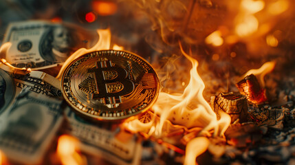 Bitcoin coins on a pile of burned dollars. Bitcoin the currency of the future. - obrazy, fototapety, plakaty